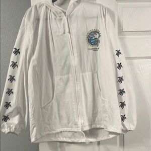 White and Blue Zip-Up Hoodie with Graphic Design